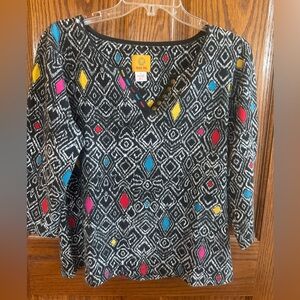 Ruby Rd. Black Top with Vibrant Geometric Design